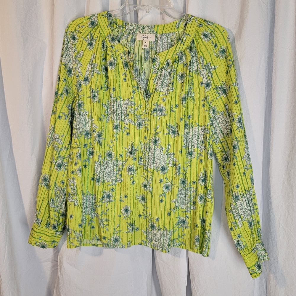Style & Co. Lime Green Pleated Floral Tunic Blouse with Teal Metallic Stripes